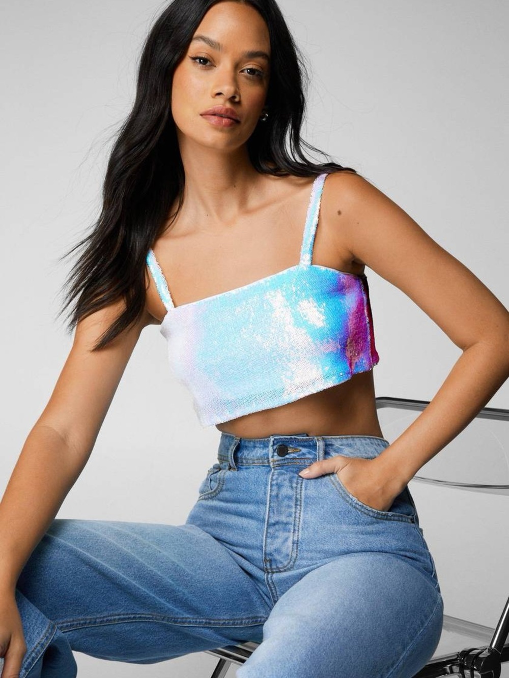 NastyGal Iridescent Sequin Crop Top - White, Pink, Blue